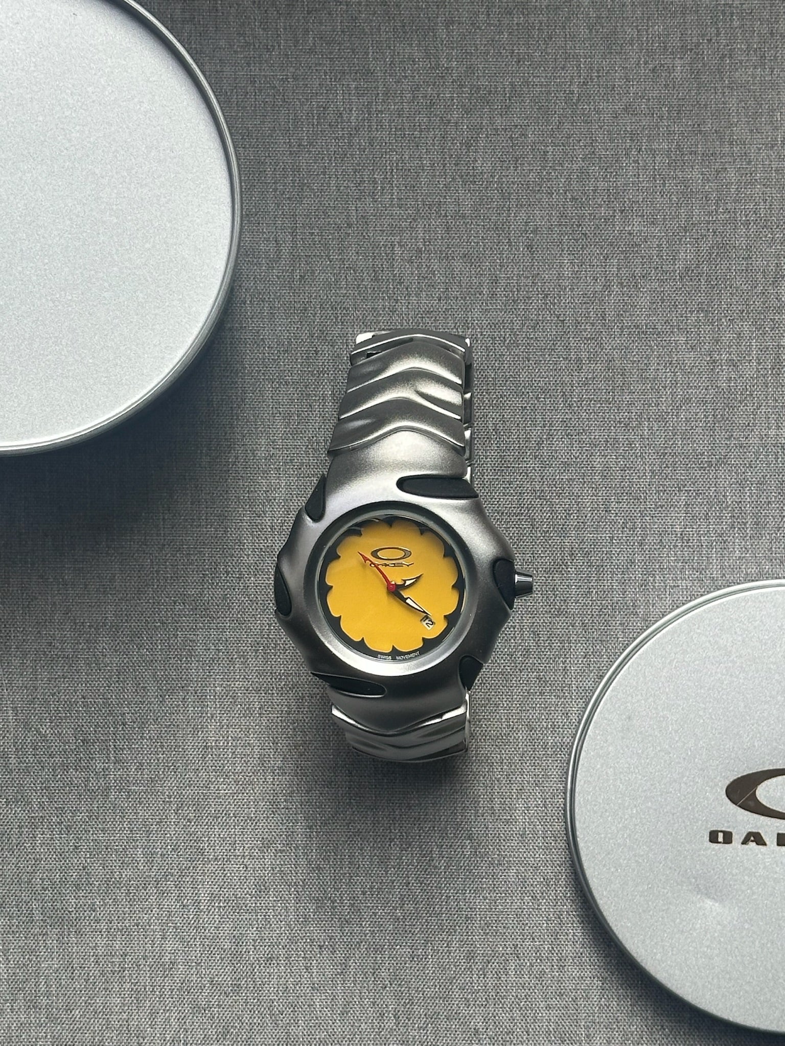 Oakley Blade Watch: Silver Brushed Stainless Steel with Yellow