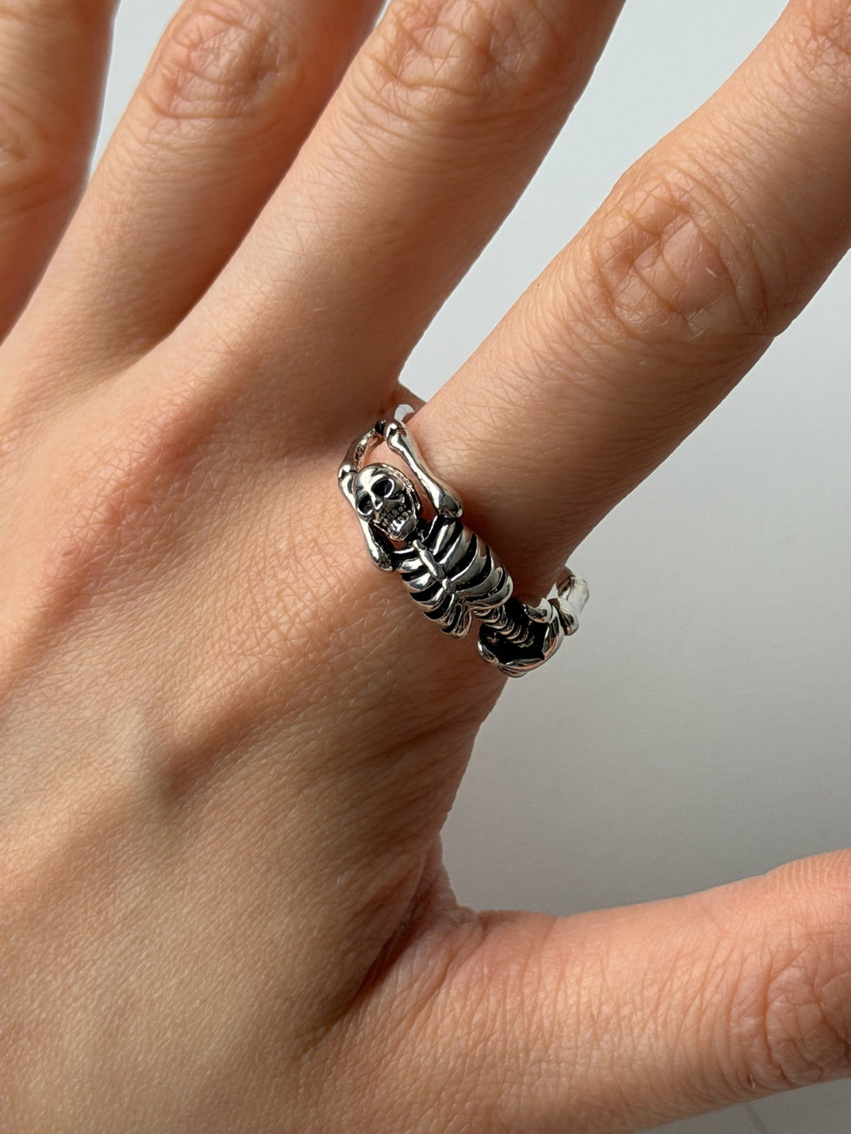 Vintage Skeleton Ring – Adjustable Silver Punk Gothic Bone Ring