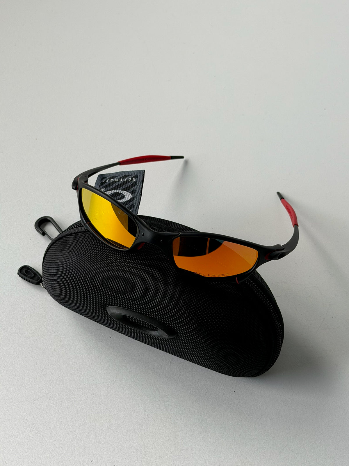 Vintage Oakley Juliet 1.0 – Black & Red Frame / Fire Orange Mirror Lens