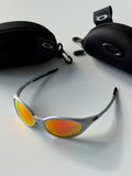 Oakley Eye Jacket Sunglasses – Silver Frame / Fire Iridium Lens | Y2K Wraparound Sports Shades