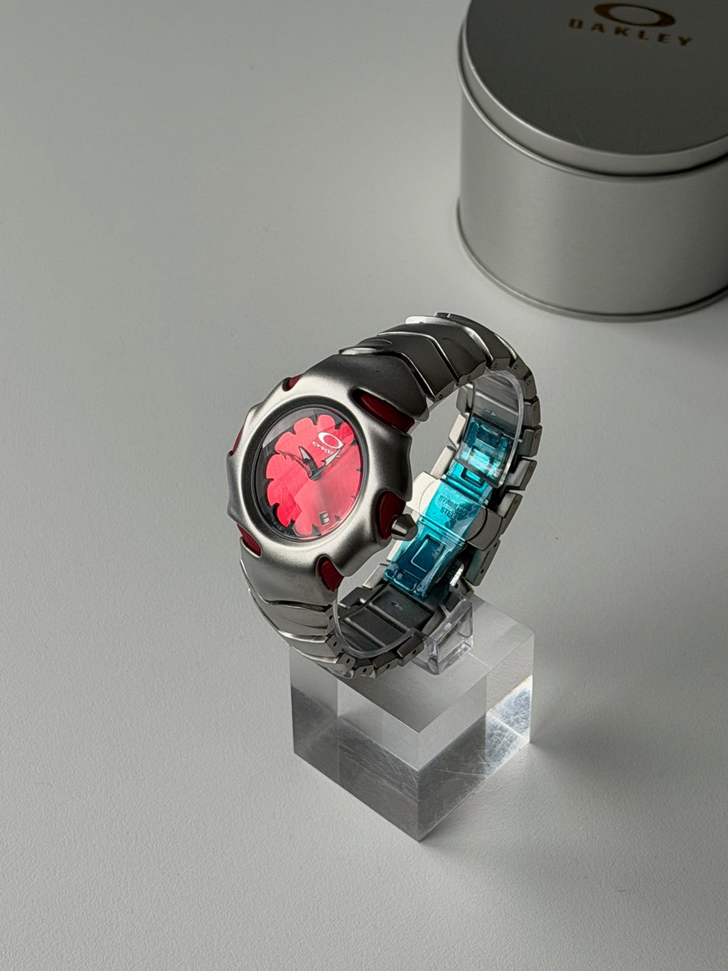 Oakley Blade Watch – Red dial Silver Matte Stainless Steel, Swiss Movement, Collectible Men’s Watch