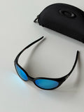 Oakley Eye Jacket Sunglasses – Black Frame / Ocean Blue Lens | Y2K Wraparound Sports Shades