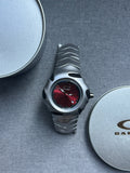 Oakley Blade Watch: Silver Brushed Stainless Steel with Red Dial, Swiss Movement