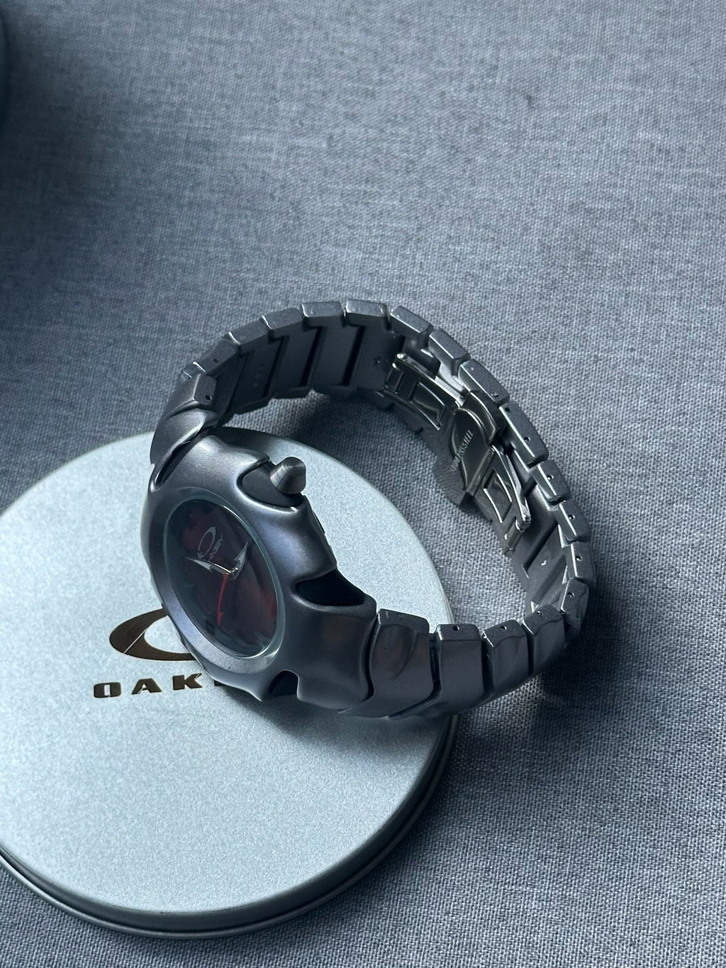 Oakley Blade Watch: Silver Brushed Stainless Steel with Red Dial, Swiss Movement