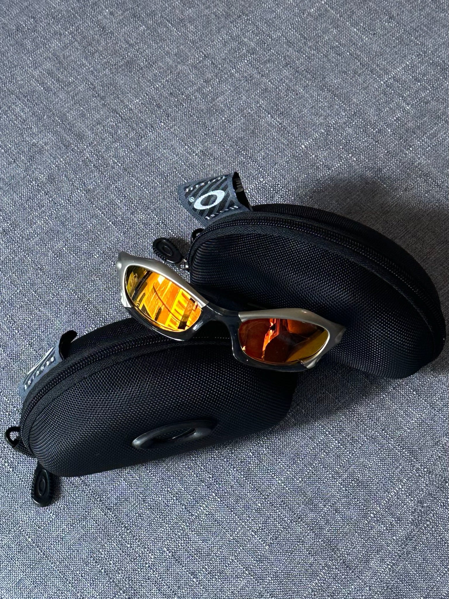 Vintage Oakley Sunglasses: Silver Frame, Fire Iridium Lenses with Case