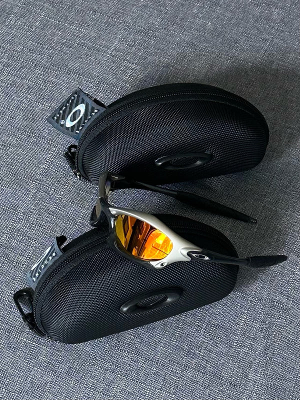 Vintage Oakley Sunglasses: Silver Frame, Fire Iridium Lenses with Case