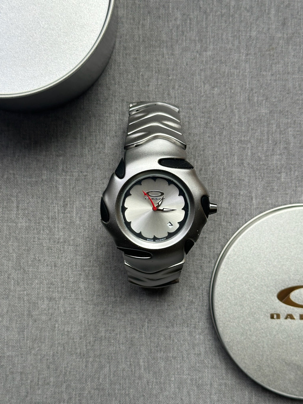 Oakley Blade Watch: Silver Stainless Steel Brushed with White Dial, Swiss Movement