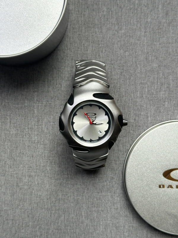 Oakley Blade Watch: Silver Stainless Steel Brushed with White Dial, Swiss Movement