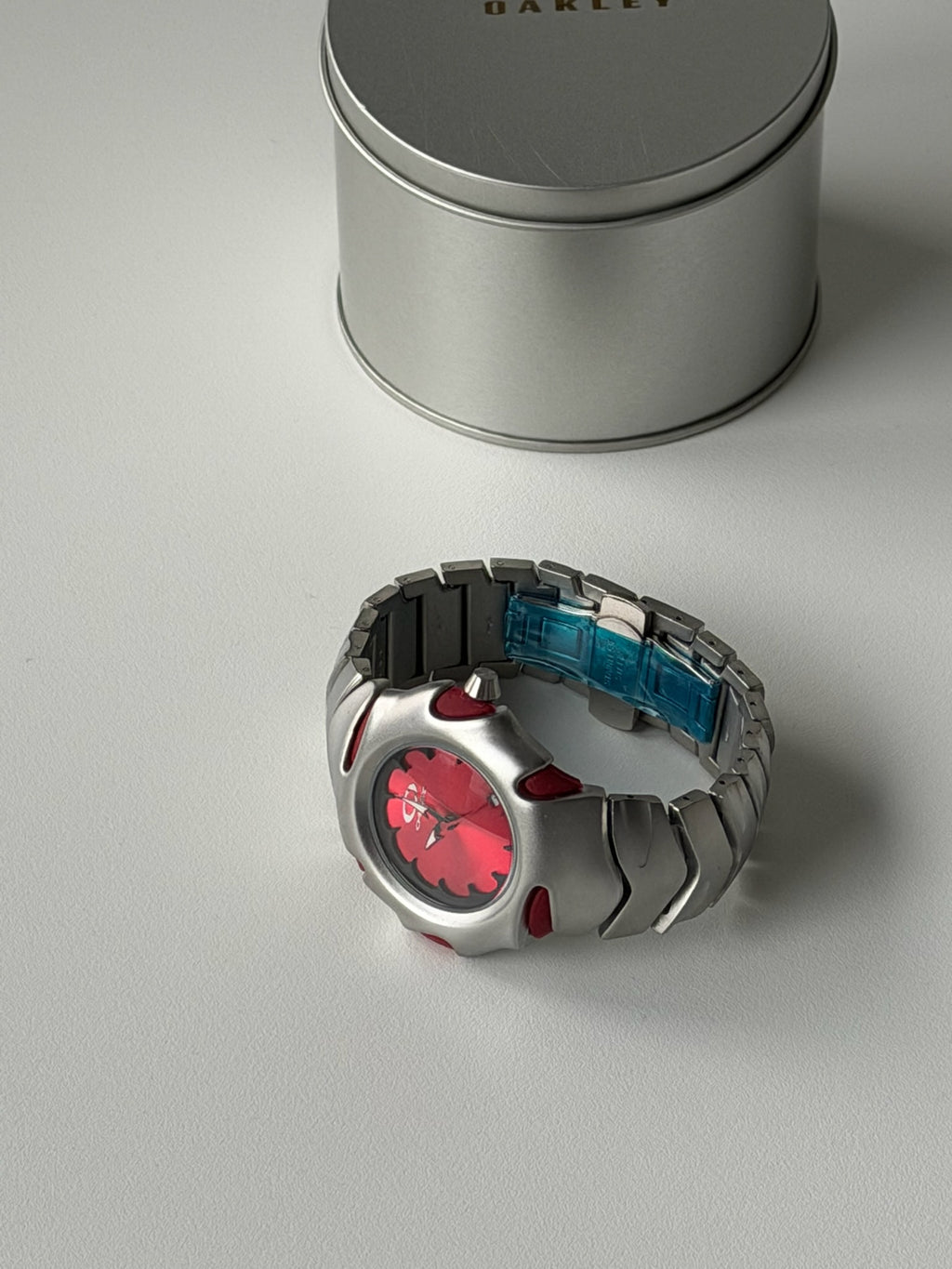 Oakley Blade Watch – Red dial Silver Matte Stainless Steel, Swiss Movement, Collectible Men’s Watch