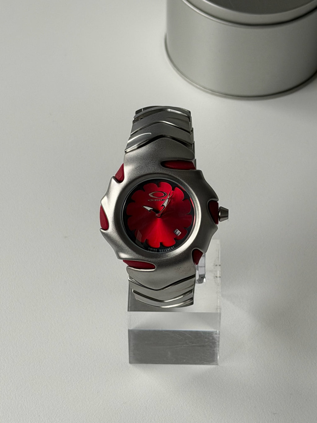 Oakley Blade Watch – Red dial Silver Matte Stainless Steel, Swiss Movement, Collectible Men’s Watch