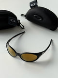 Oakley Eye Jacket Sunglasses – Matte Black Frame / Gold Mirror Lens | Vintage Y2K Wraparound Shades