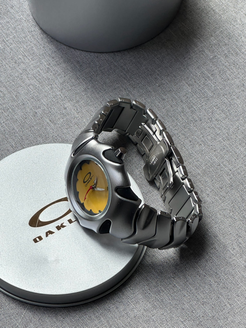 Oakley Blade Watch: Silver Brushed Stainless Steel with Yellow Dial, Swiss Movement