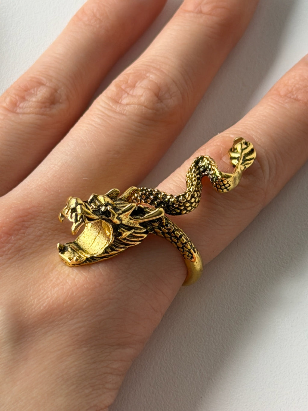 Vintage Dragon Cigarette Holder Ring – Antique Gold Adjustable Statement Ring