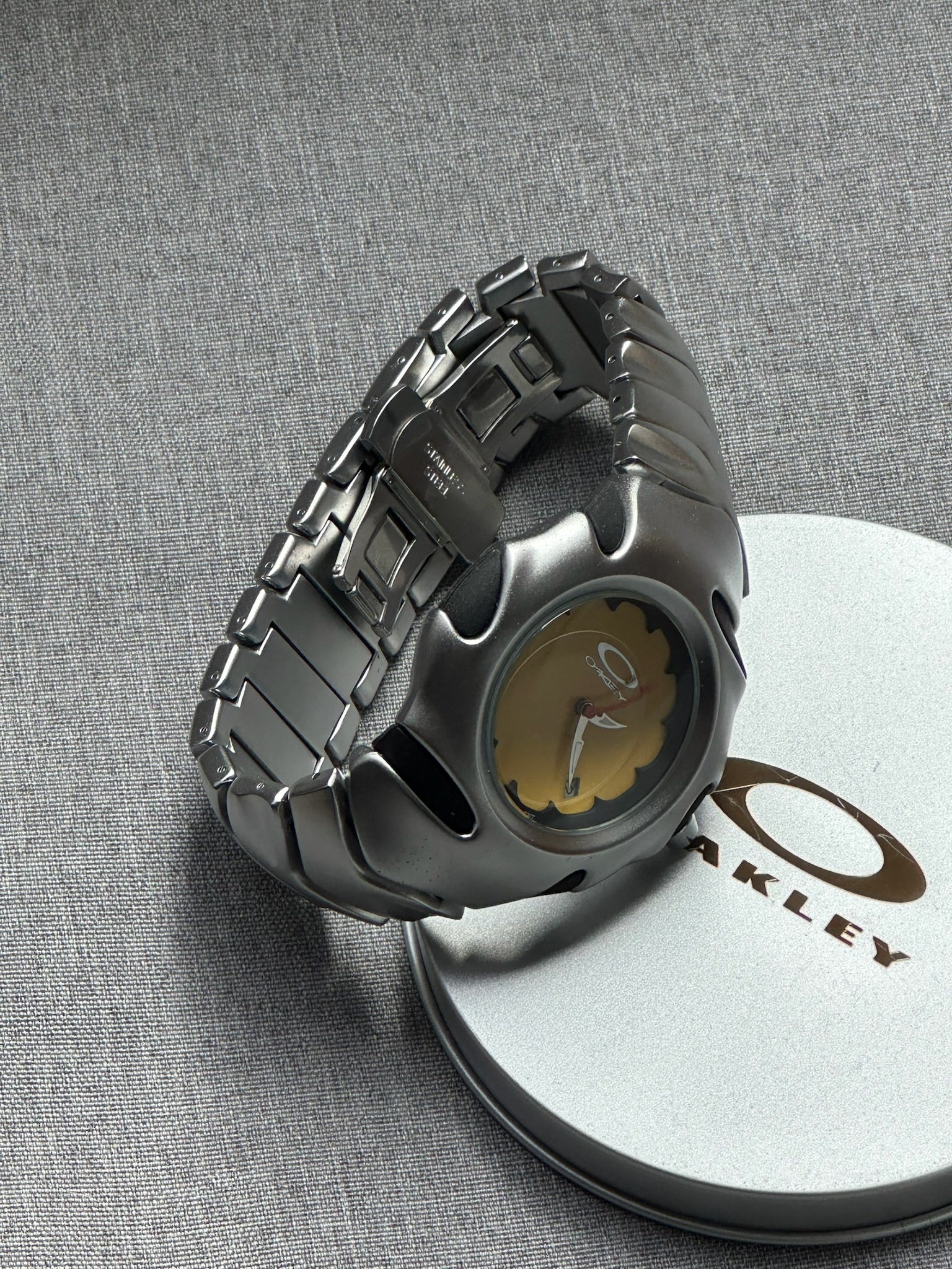 Oakley Blade Watch: Silver Brushed Stainless Steel with Yellow Dial, Swiss Movement