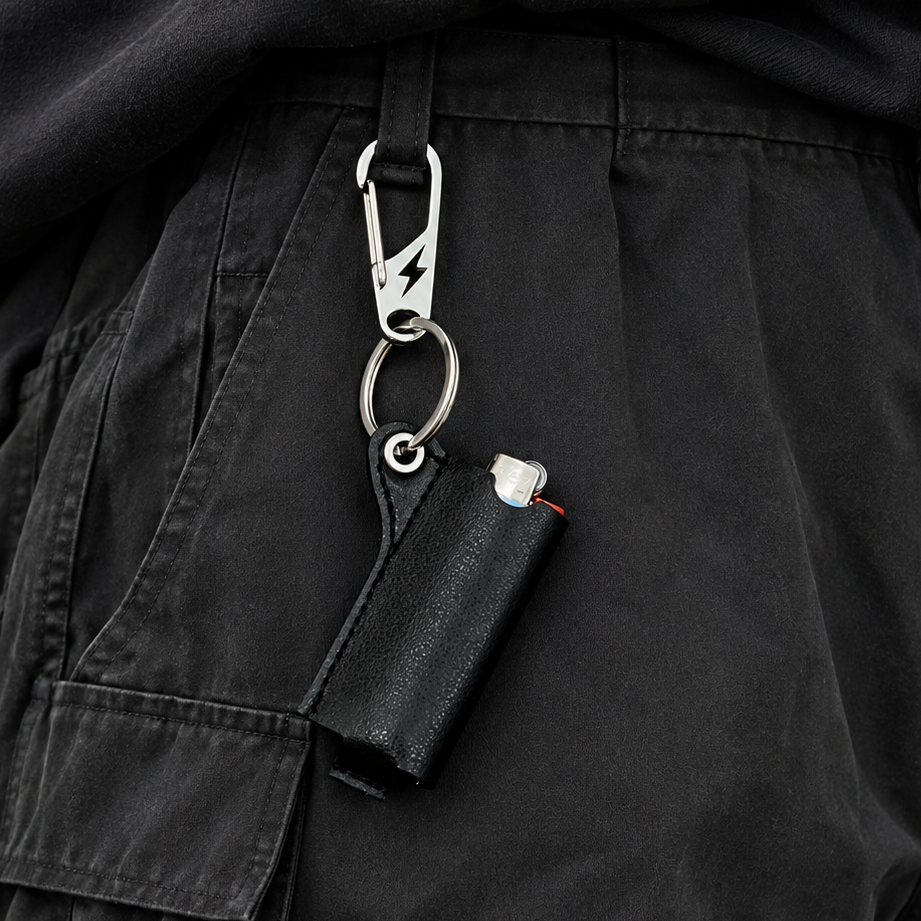 Black Leather Lighter Holder Keychain – Industrial Metal Clip Utility Accessory