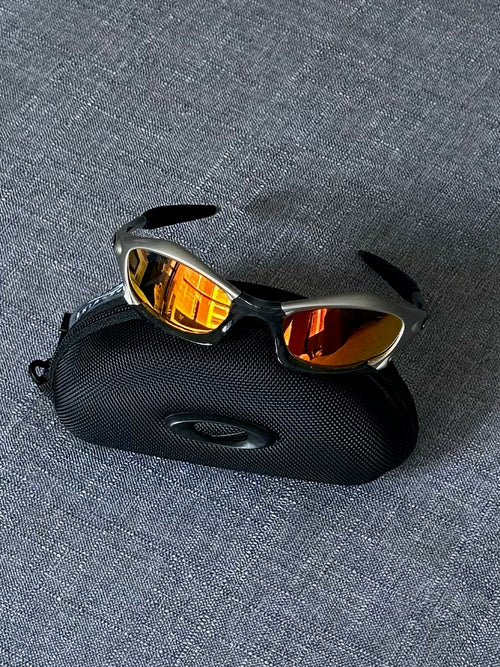 Vintage Oakley Sunglasses: Silver Frame, Fire Iridium Lenses with Case