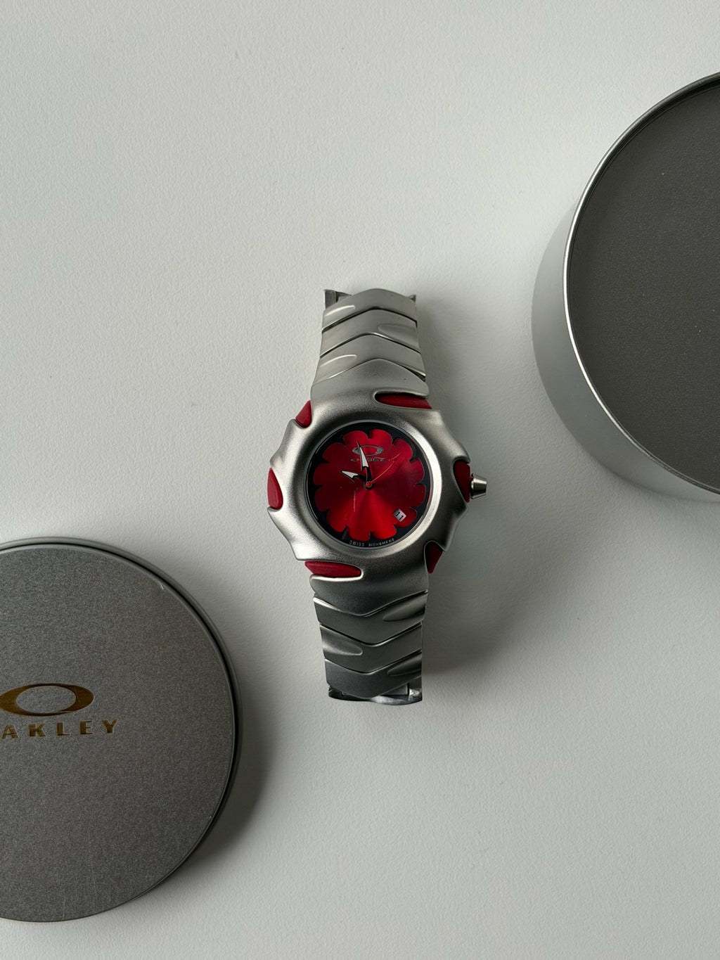 Oakley Blade Watch – Red dial Silver Matte Stainless Steel, Swiss Movement, Collectible Men’s Watch