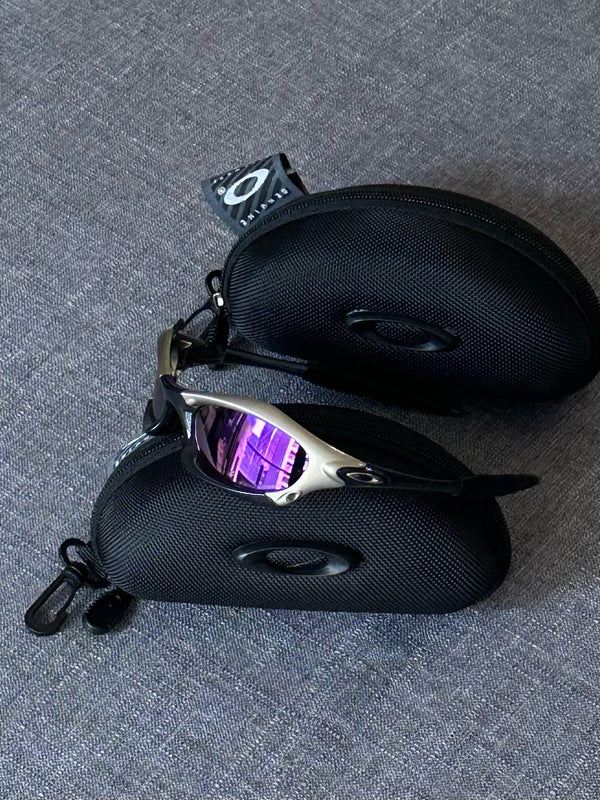 Vintage Oakley Sunglasses: Silver Frame, Purple Lenses with Case
