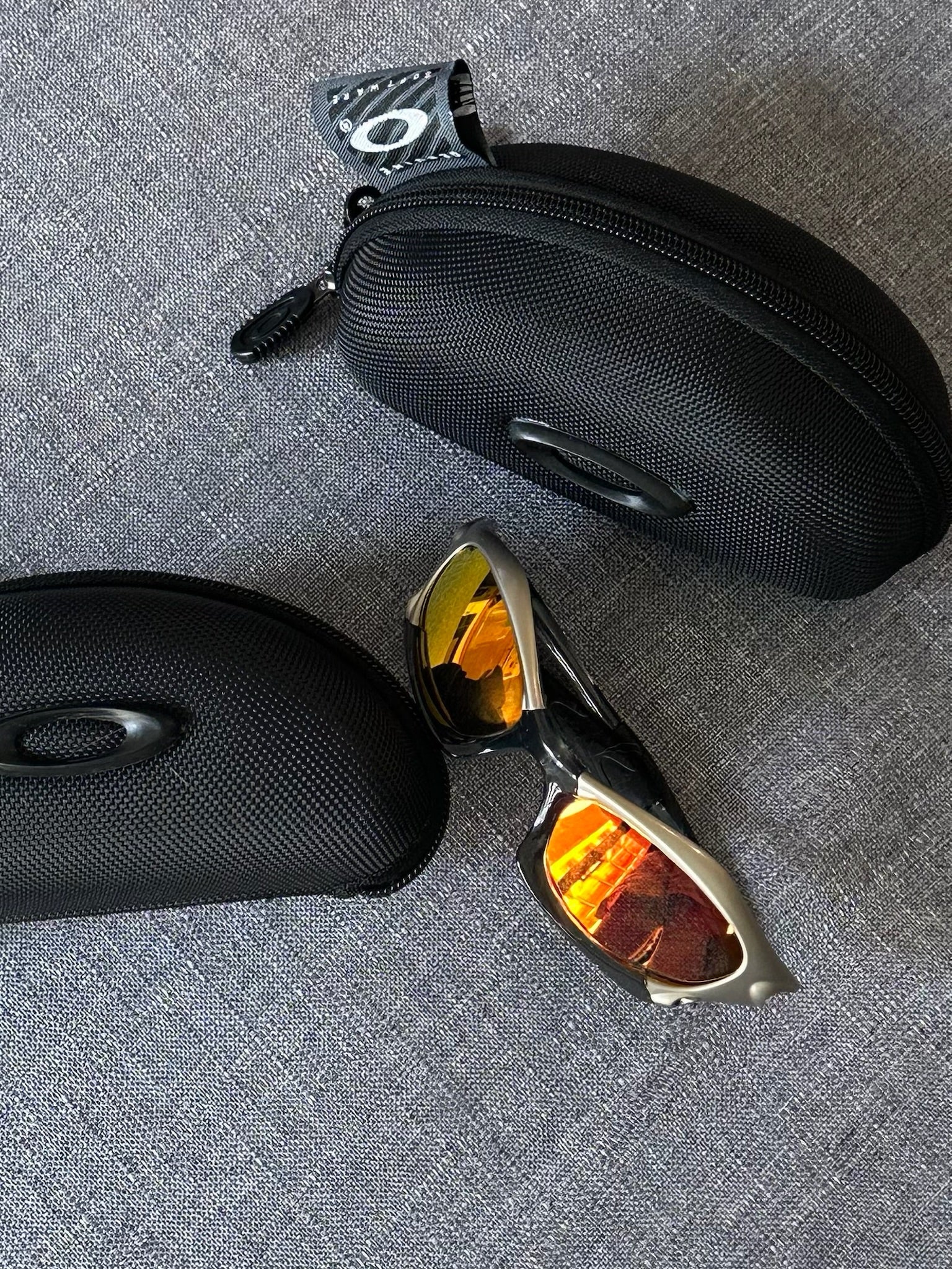 Vintage Oakley Sunglasses: Silver Frame, Fire Iridium Lenses with Case