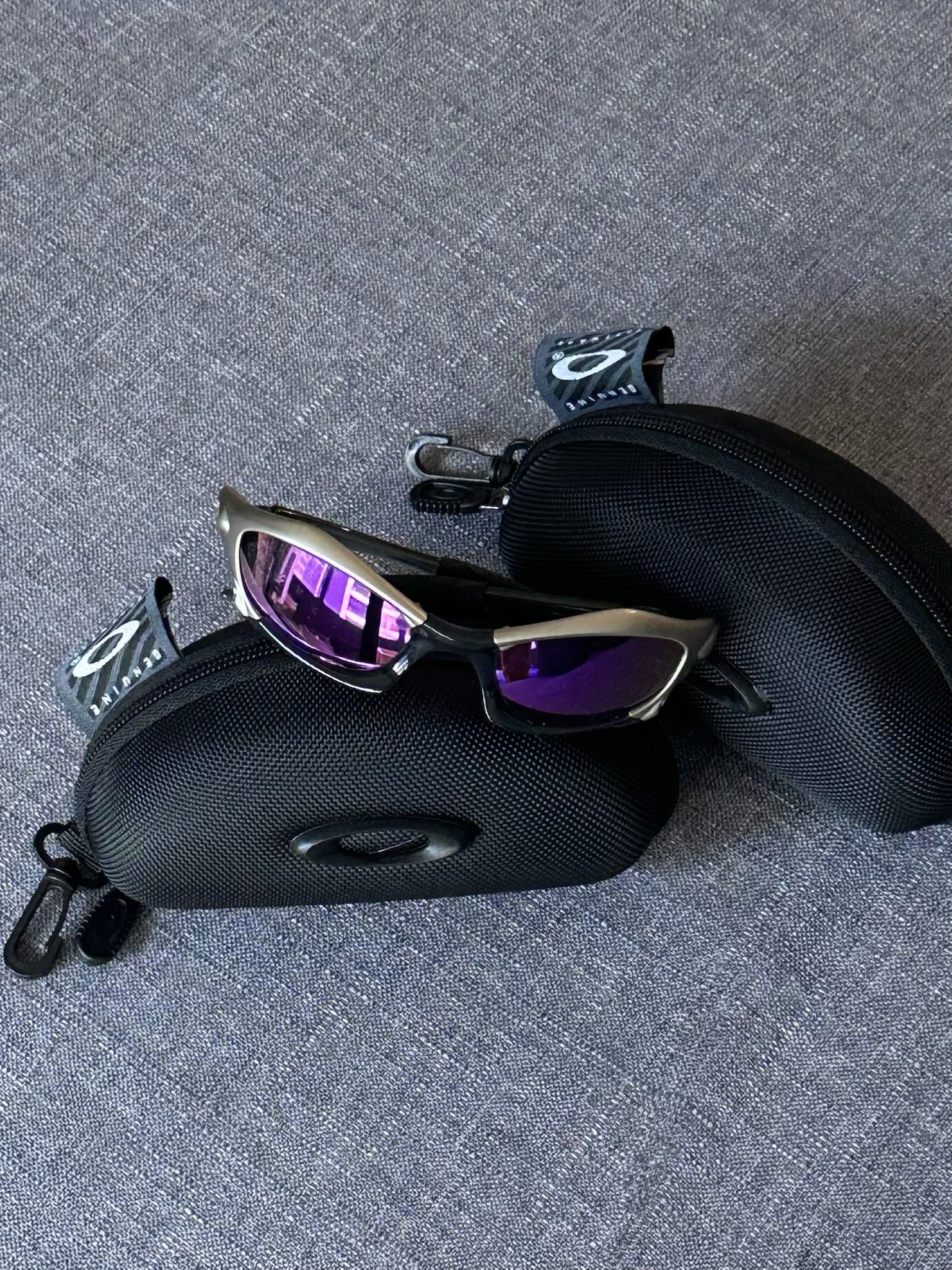 Vintage Oakley Sunglasses: Silver Frame, Purple Lenses with Case