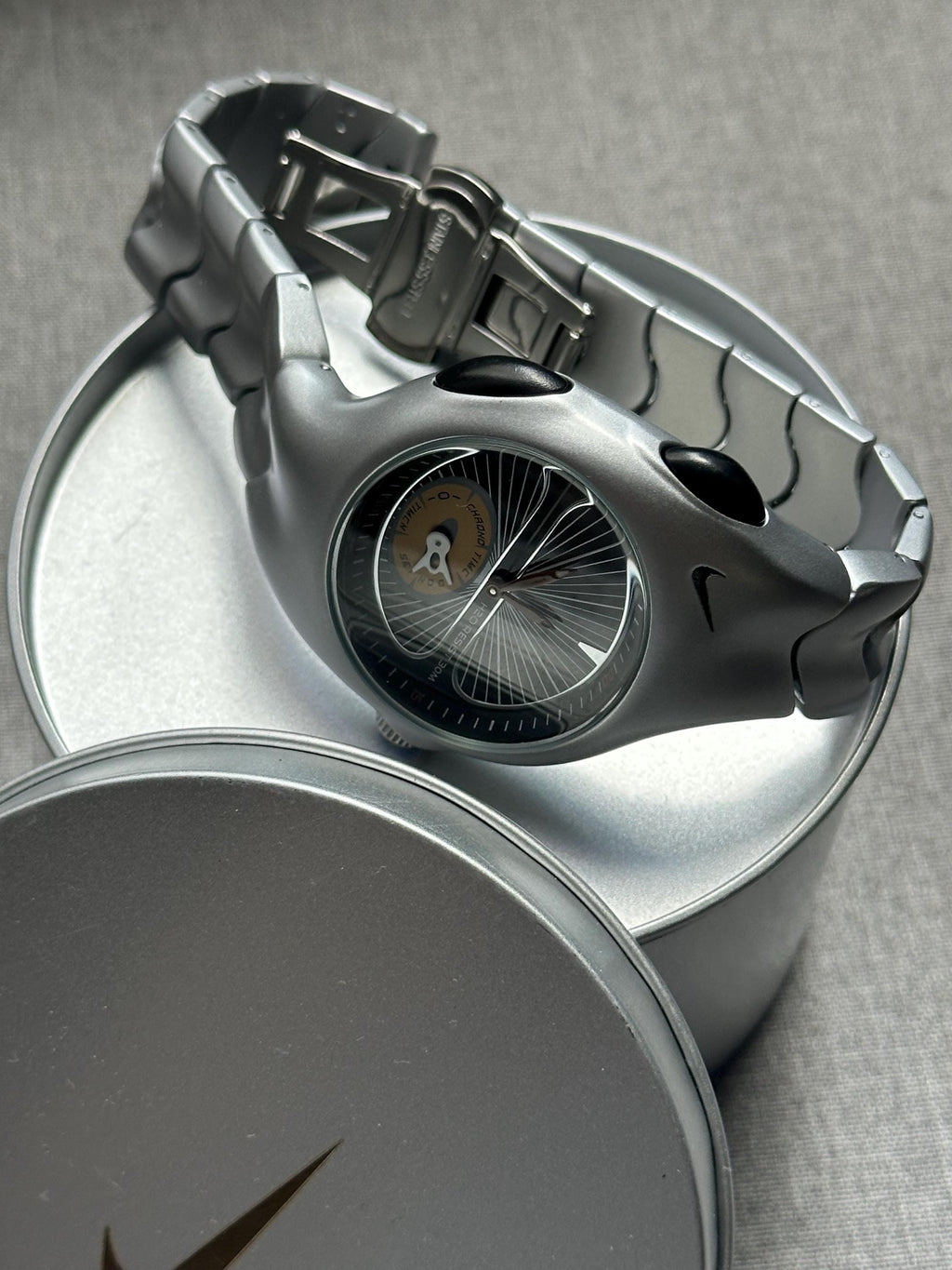 Nike Triax Chronograph Watch Matte Silver with yellow-blue dial – Vintage Grey Stainless Steel Sports Watch, Rare Collectible Timepiece