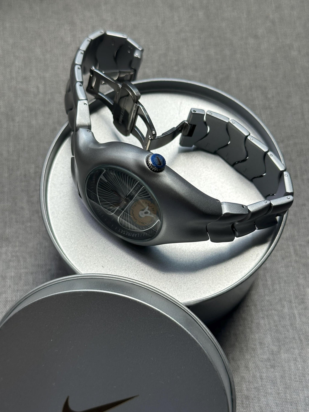 Nike Triax Chronograph Watch Matte Silver with yellow-blue dial – Vintage Grey Stainless Steel Sports Watch, Rare Collectible Timepiece