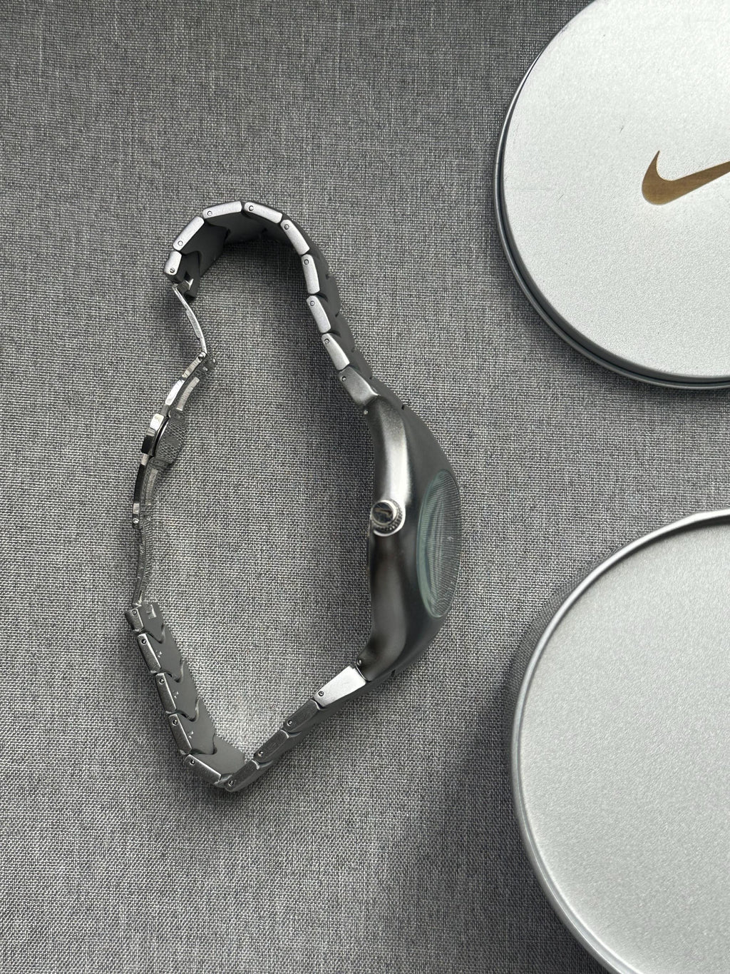 Nike Triax Chronograph Watch Matte Silver with Black Blue Dial – Vintage Grey Stainless Steel Sports Watch, Rare Collectible Timepiece