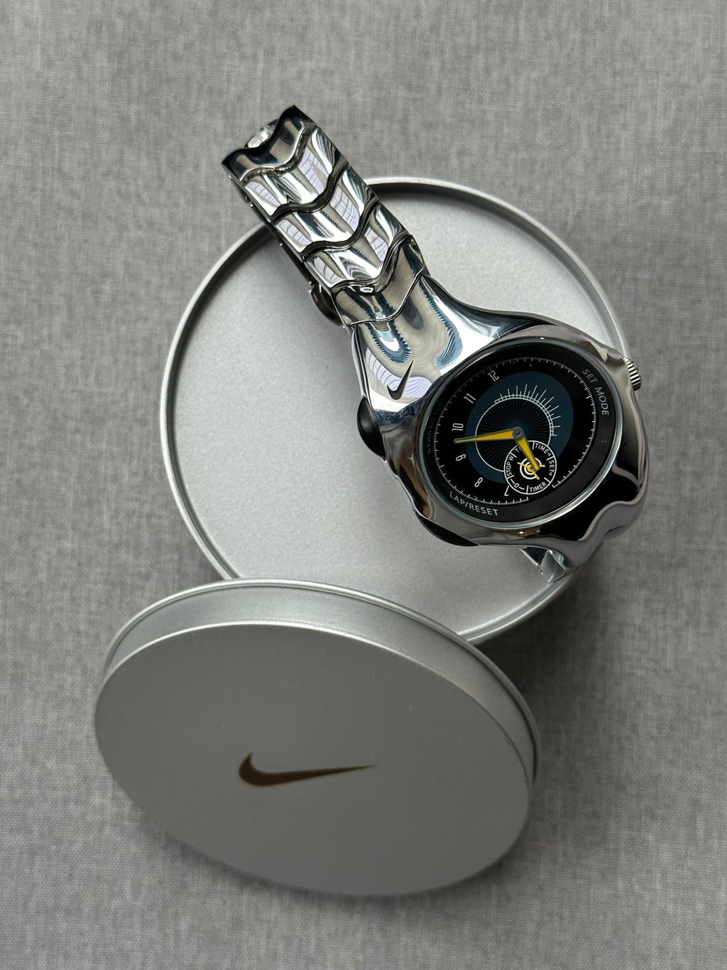 Nike Triax Chronograph Watch Shiny Silver with black yellow dial – Vintage Grey Stainless Steel Sports Watch, Rare Collectible Timepiece