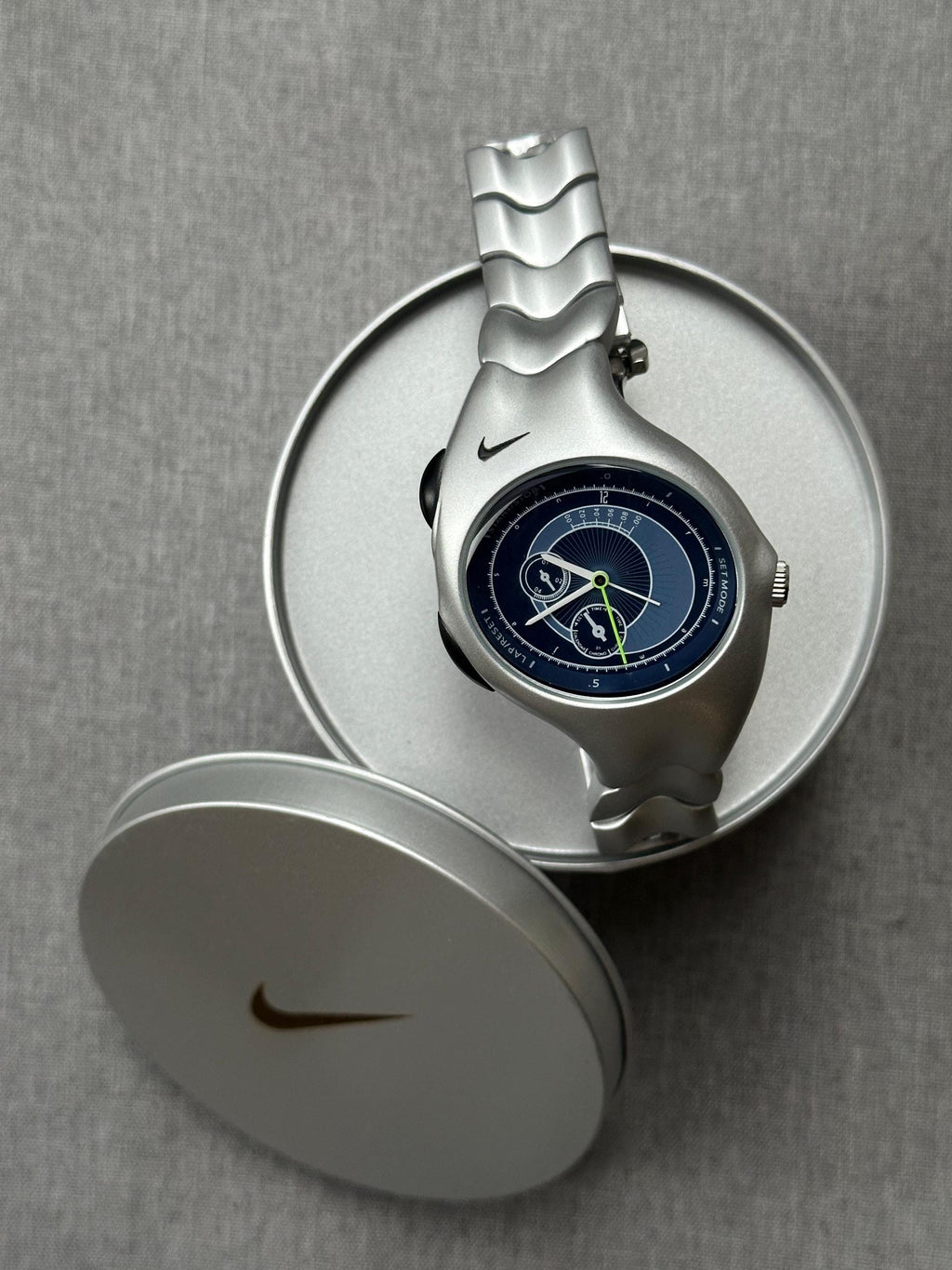 Nike Triax Chronograph Watch Matte Silver with blue dial – Vintage Grey Stainless Steel Sports Watch, Rare Collectible Timepiece