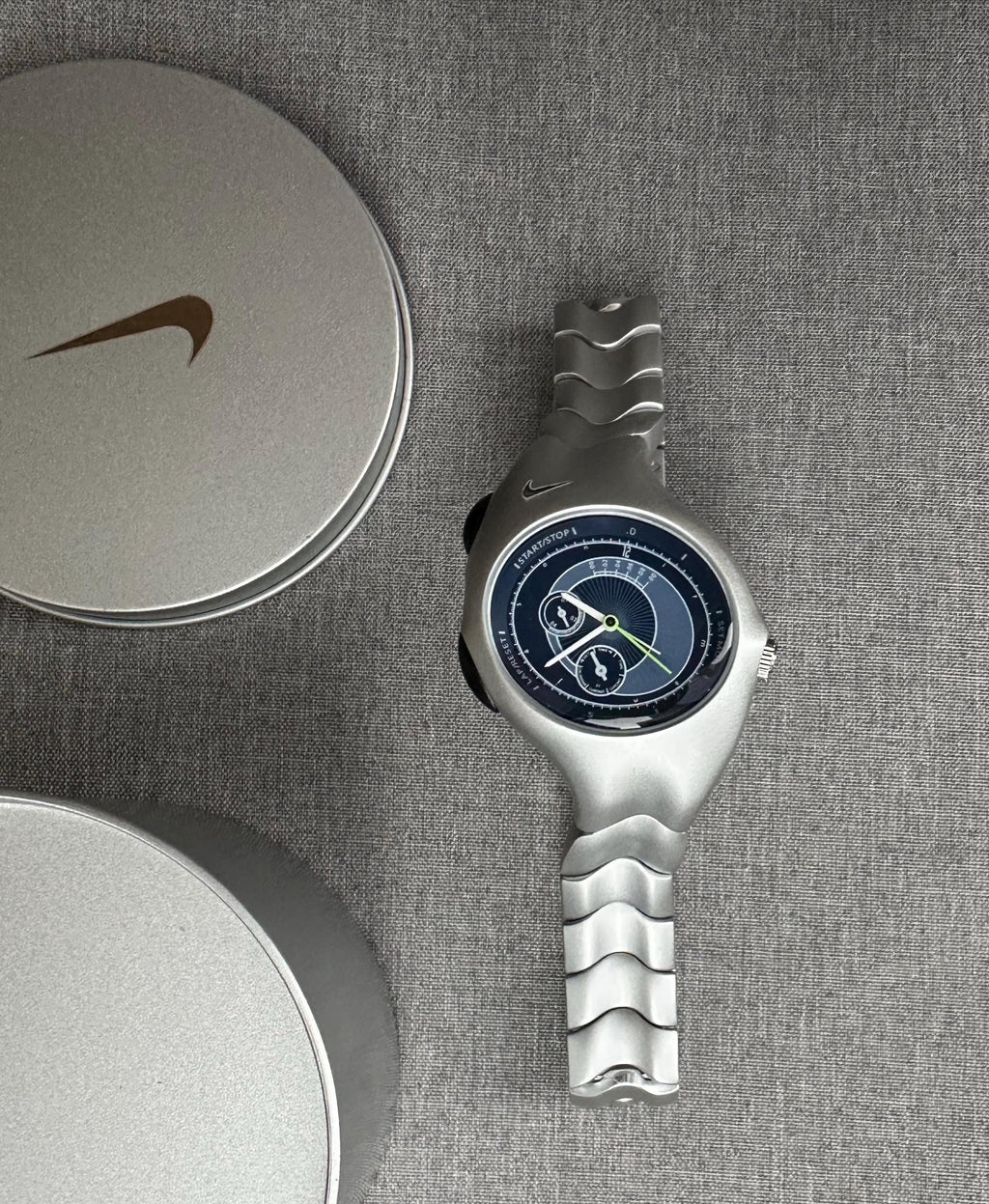 Nike Triax Chronograph Watch Matte Silver with blue dial – Vintage Grey Stainless Steel Sports Watch, Rare Collectible Timepiece