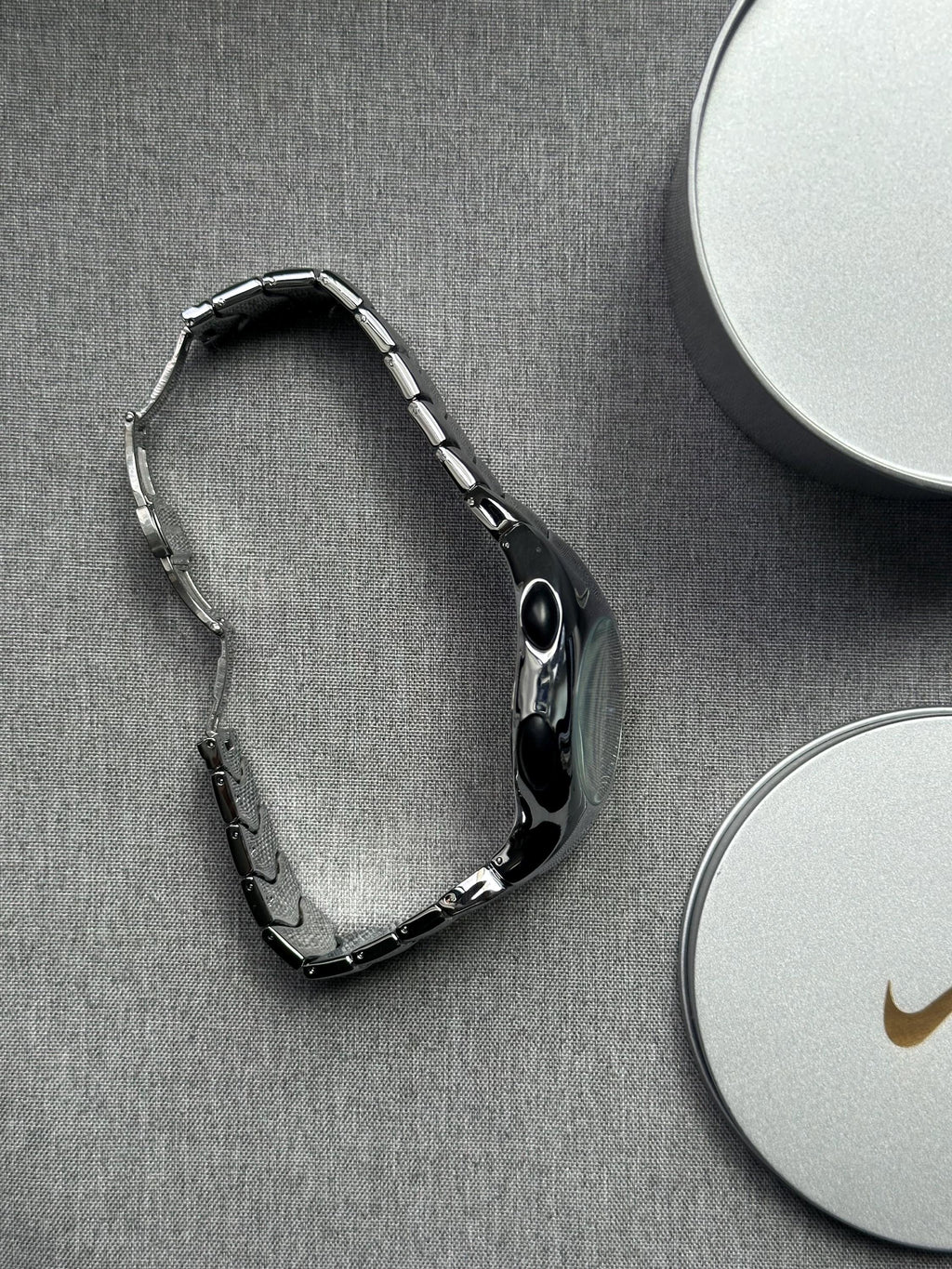 Nike Triax Chronograph Watch Shiny Silver with blue black dial – Vintage Grey Stainless Steel Sports Watch, Rare Collectible Timepiece