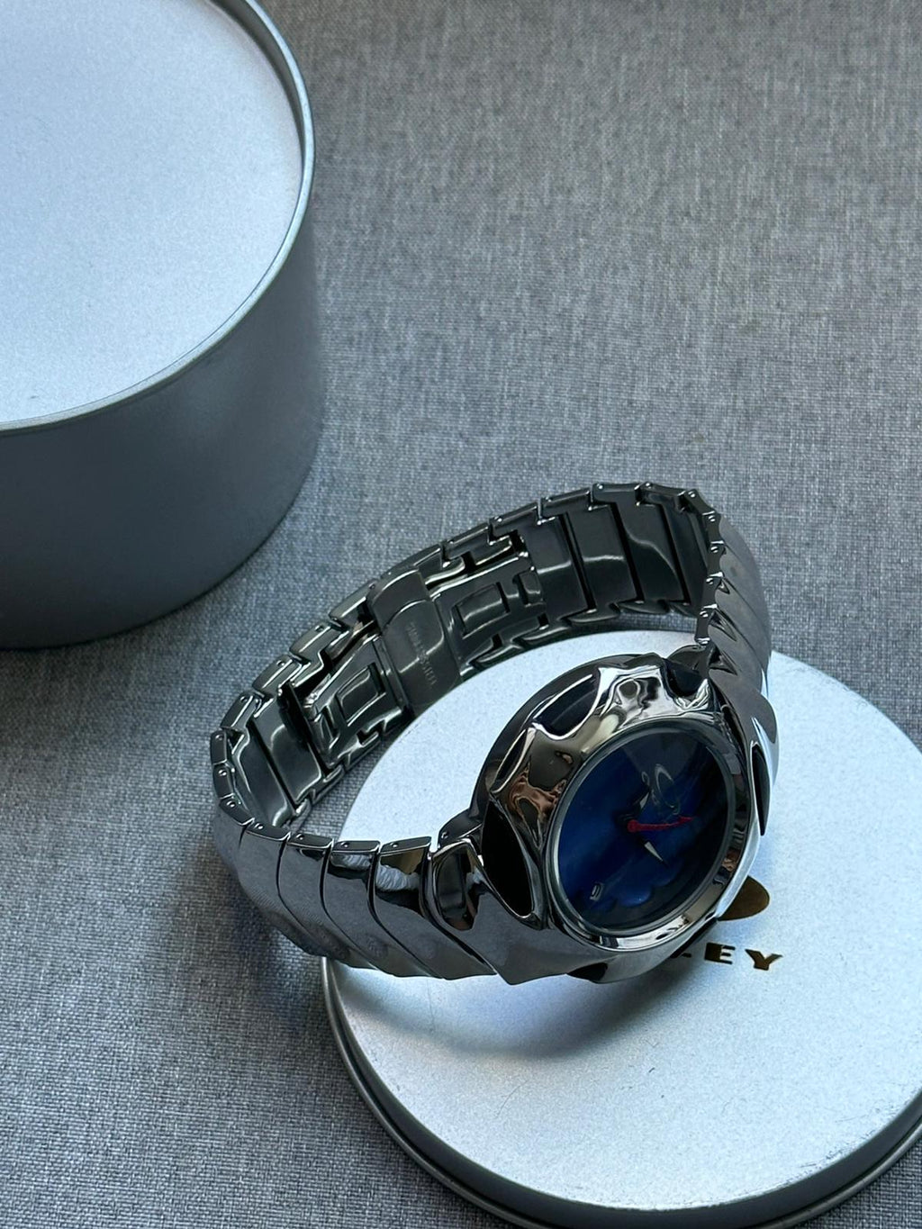 Oakley Time Tank Watch – Blue Dial, SHINY Stainless Steel, Swiss Movement, Rare Collectible