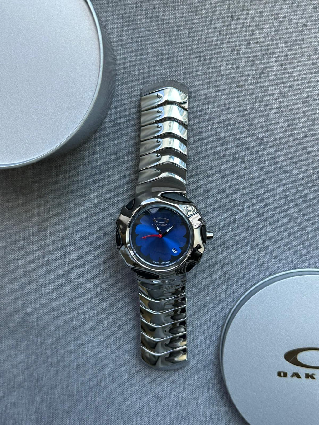 Oakley Time Tank Watch – Blue Dial, SHINY Stainless Steel, Swiss Movement, Rare Collectible