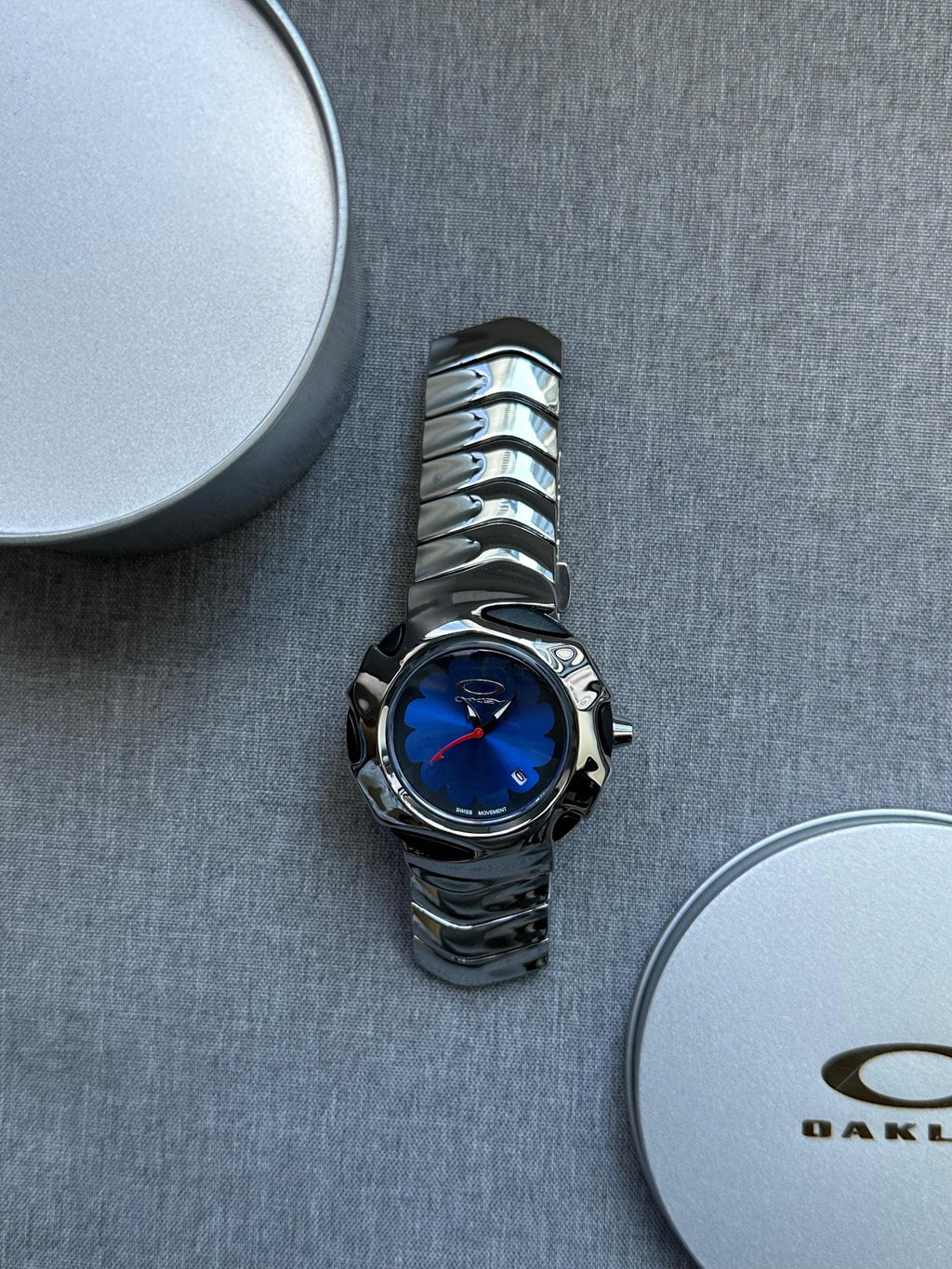Oakley Time Tank Watch – Blue Dial, SHINY Stainless Steel, Swiss Movement, Rare Collectible