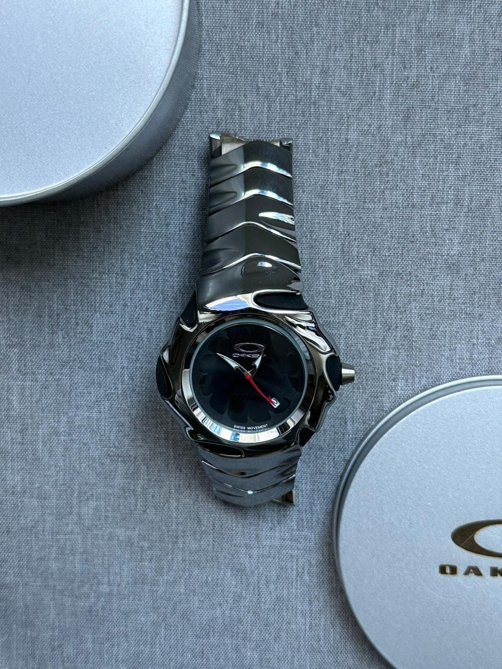 Oakley Time Tank Watch – Black dial Silver SHINY Stainless Steel, Swiss Movement, Collectible Men’s Watch