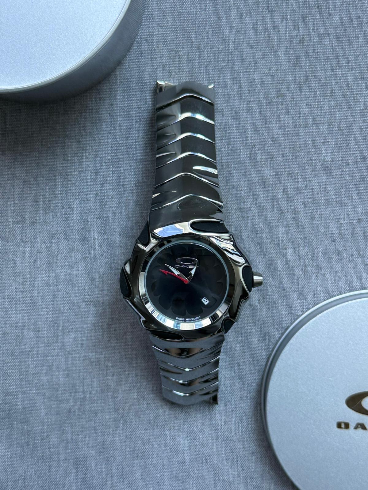 Oakley Time Tank Watch – Black dial Silver SHINY Stainless Steel, Swiss Movement, Collectible Men’s Watch