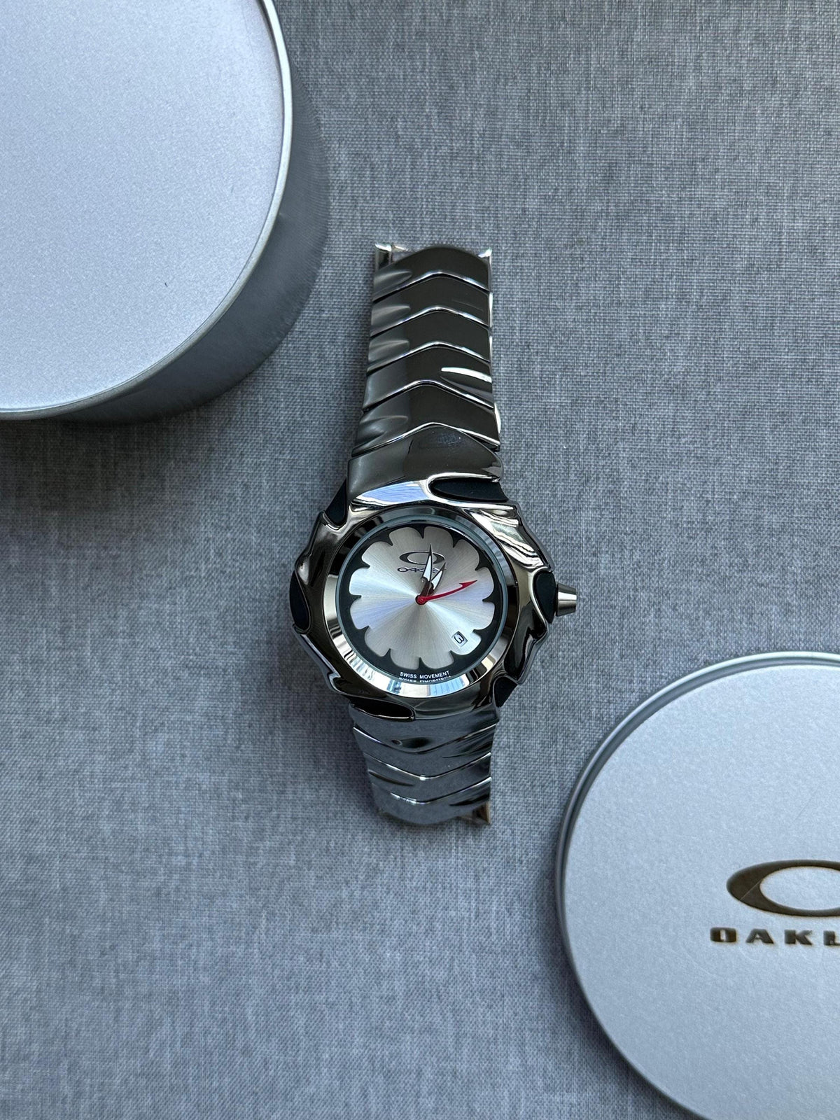 Oakley Time Tank Watch – White Dial Silver SHINY Stainless Steel with Smooth Reflective Strap, Swiss Movement, Collectible Men’s Watch