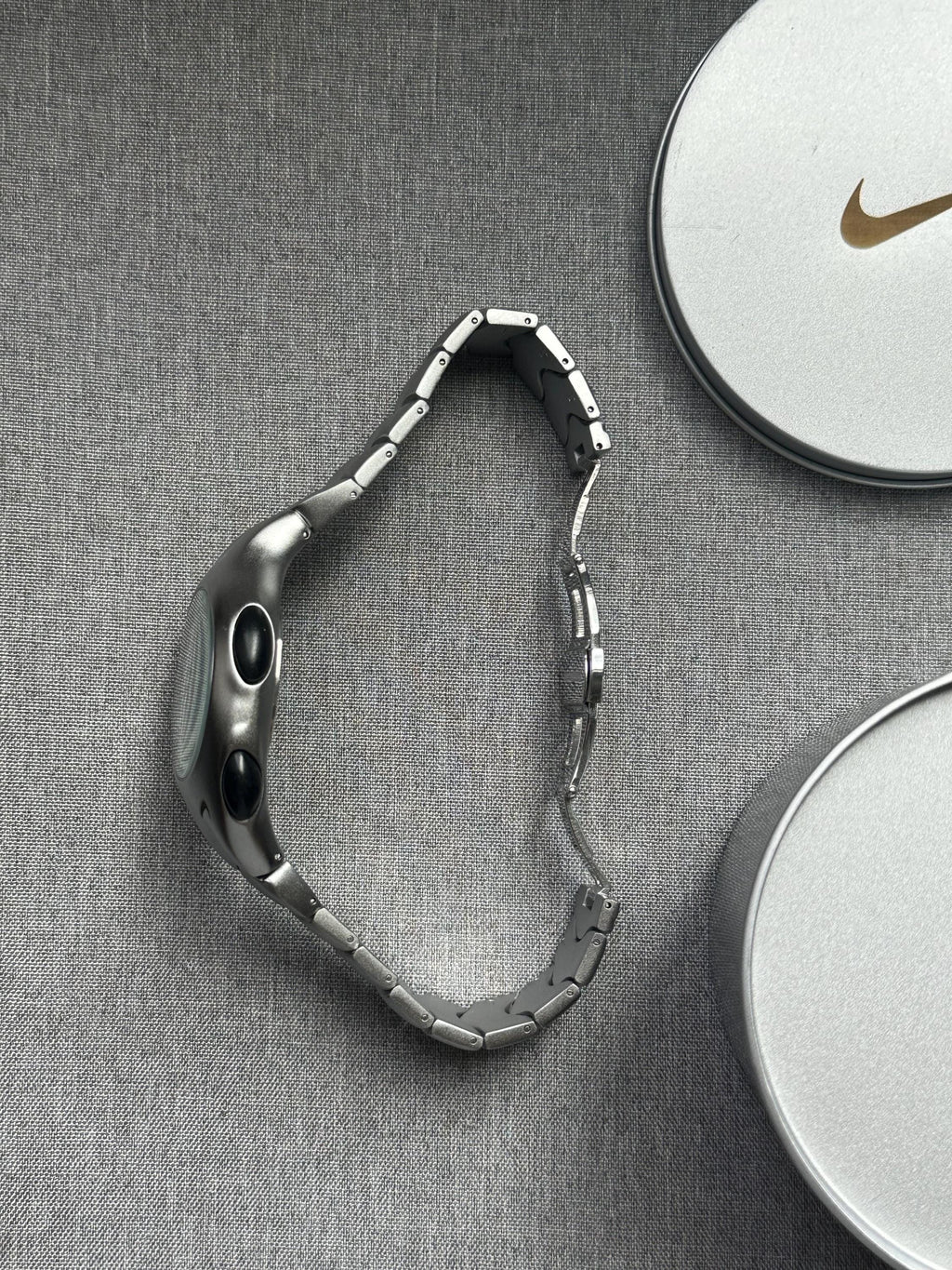 Nike Triax Chronograph Watch Matte Silver with Black Blue Dial – Vintage Grey Stainless Steel Sports Watch, Rare Collectible Timepiece