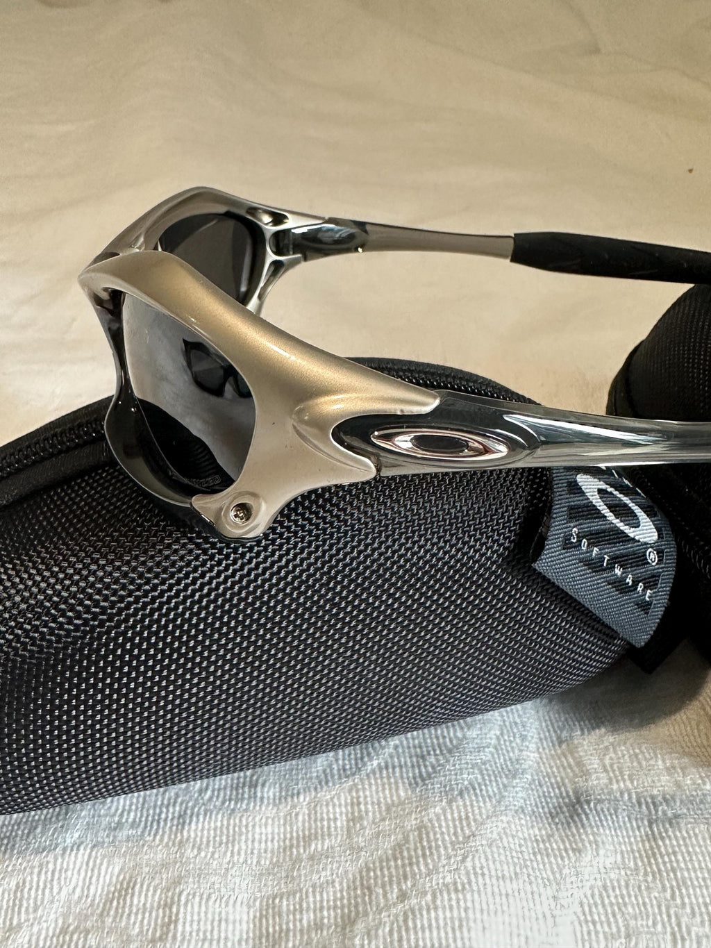 Vintage Oakley Sunglasses: Polished SILVER Frame, Black Lenses - Vintage Collectible