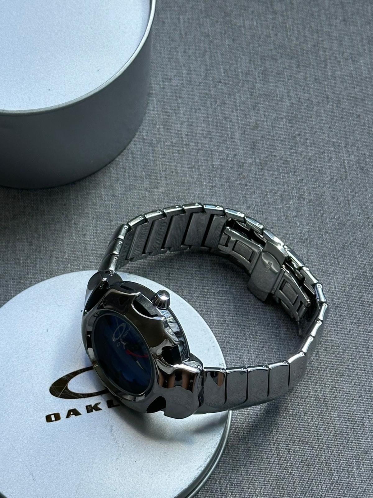 Oakley Time Tank Watch – Blue Dial, SHINY Stainless Steel, Swiss Movement, Rare Collectible