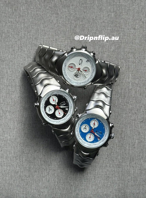 Oakley Judge Chronograph Watch – Black/Blue/White Dial, Matte Brushed Stainless Steel Bracelet, Swiss Movement