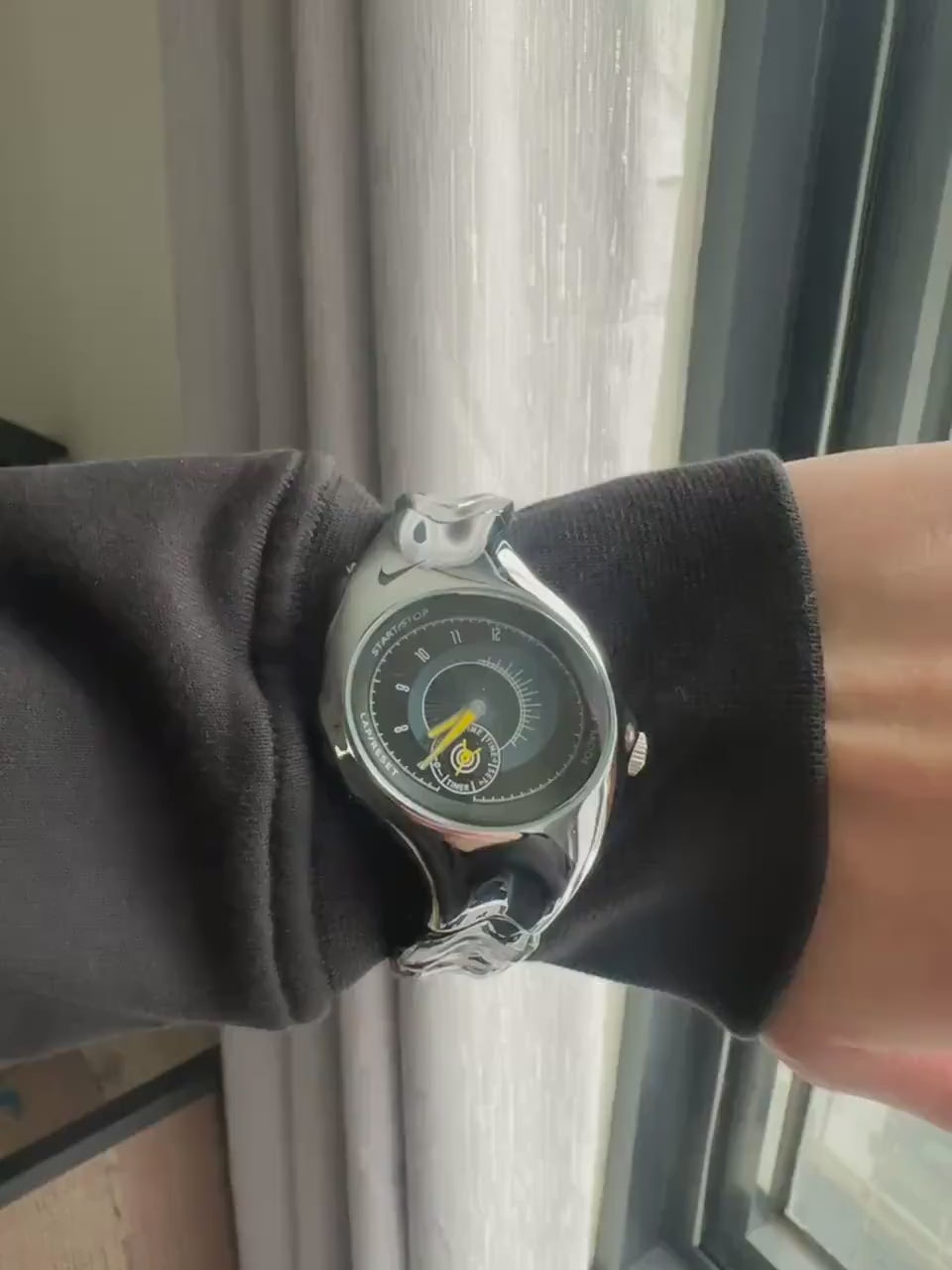 Nike Triax Chronograph Watch Shiny Silver with black yellow dial – Vintage Grey Stainless Steel Sports Watch, Rare Collectible Timepiece