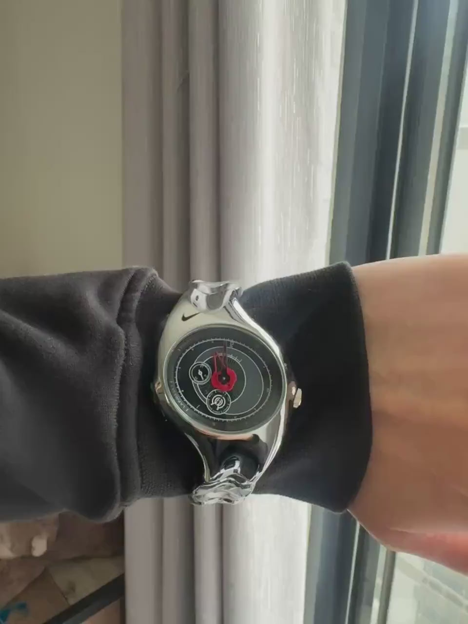 Nike Triax Chronograph Watch Silver Red Dial – Vintage Stainless Steel Sports Watch, Rare Collectible Timepiece