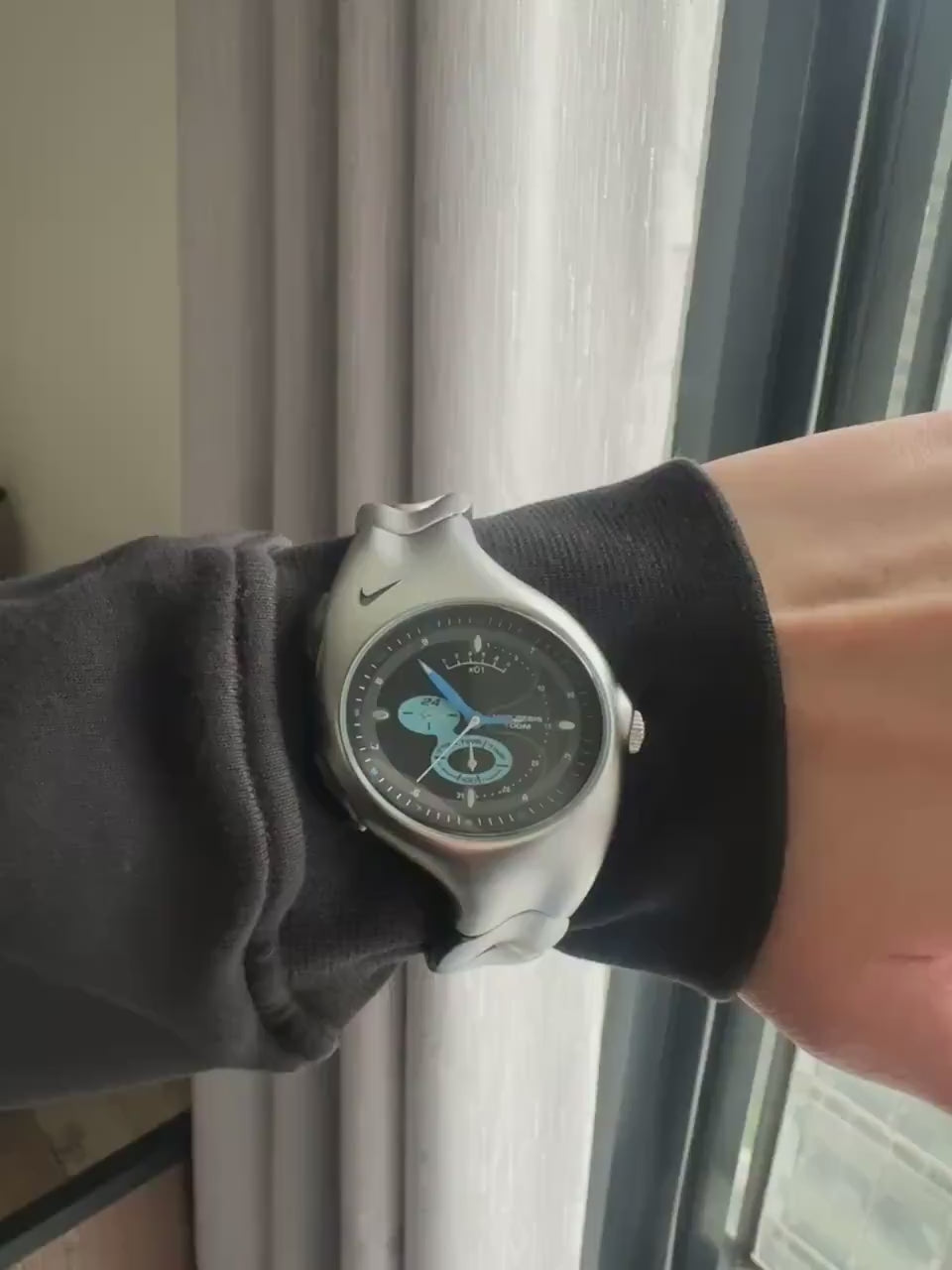 Nike Triax Chronograph Watch Matte Silver with Black Blue Dial – Vintage Grey Stainless Steel Sports Watch, Rare Collectible Timepiece