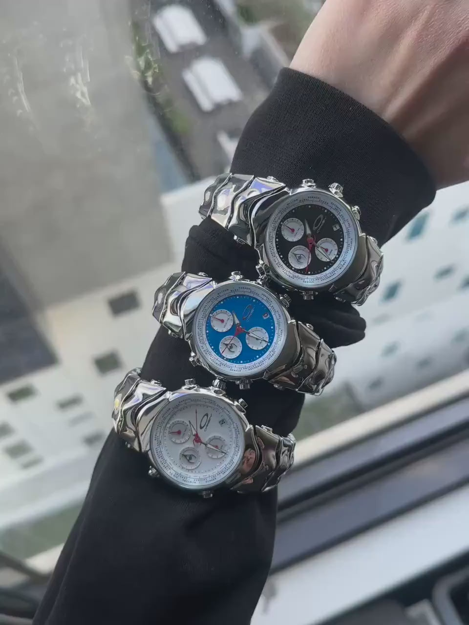 Oakley Judge Chronograph Watch – Blue/ White/ Black Dial, Stainless Steel Polished Bracelet, Swiss Movement