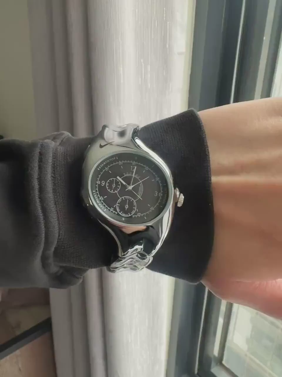 Nike Triax Chronograph Watch Silver with Dark Blue Dial – Vintage Stainless Steel Sports Watch, Rare Collectible Timepiece