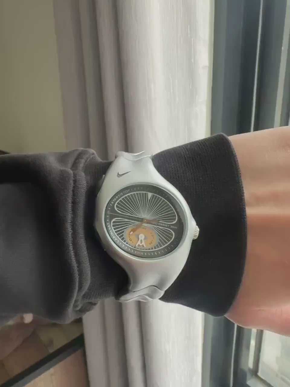 Nike Triax Chronograph Watch Matte Silver with yellow-blue dial – Vintage Grey Stainless Steel Sports Watch, Rare Collectible Timepiece