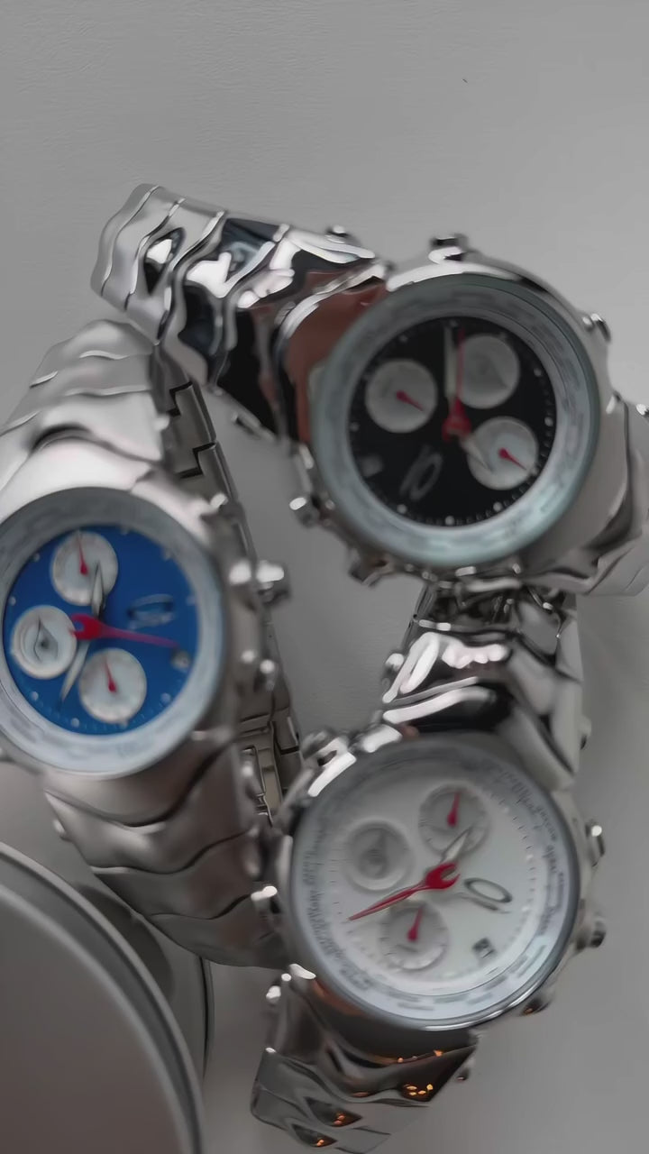 Oakley Judge Chronograph Watch – Black/Blue/White Dial, Matte Brushed Stainless Steel Bracelet, Swiss Movement