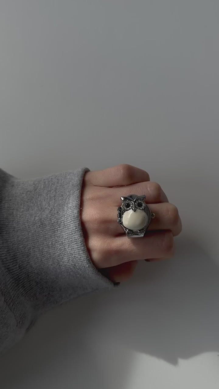 Moonlit Owl Ring Watch – Crystal Owl Adjustable Finger Watch | Vintage Y2K Statement Jewellery