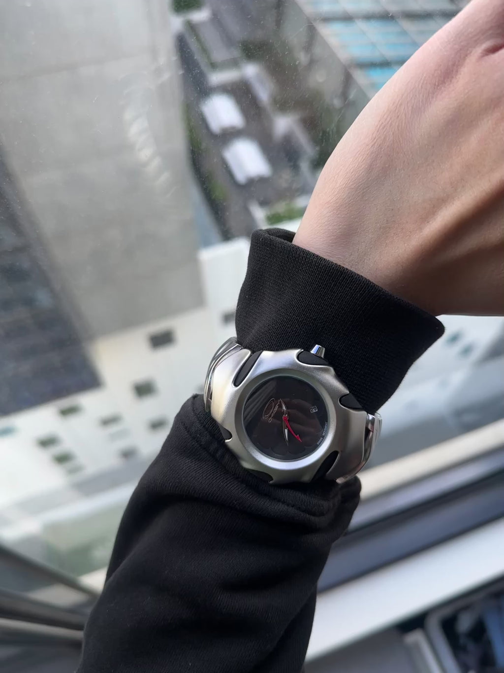 Oakley Time Tank Watch: Silver Stainless Steel with Black Dial, Swiss Movement